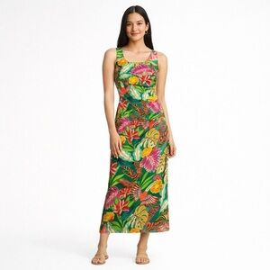 Gibson Latimer Tropical Floral Bird Print Midi Dress Small Resort Boho Summer